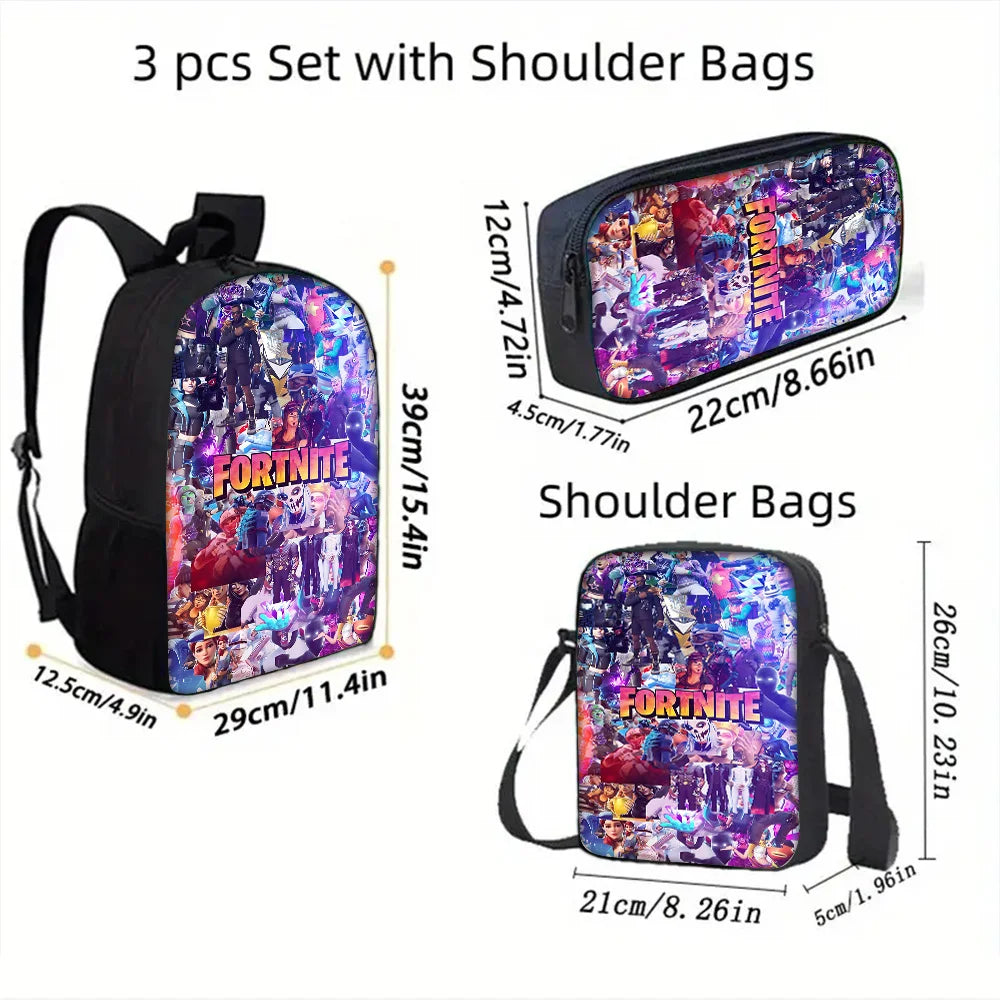 Mochila Escolar Infantil com Mala de Ombro e Estojos para Lápis, Malas Escolares com Design Hot Game-F-FortniteS para Rapazes e Raparigas, Melhor Presente