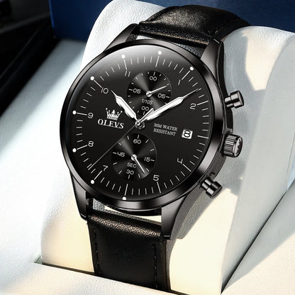 OLEVS 2880 herenhorloge – Elegante en strakke chronograaf, leren band, automatische datumweergave, waterdicht, lichtgevende wijzers, quartz uurwerk.