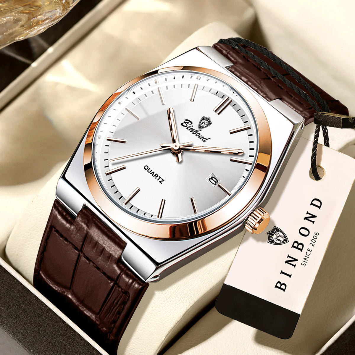 Orologio da polso al quarzo di lusso BINBOND da uomo – Impermeabile, luminescente, con data automatica – Stile professionale, sportivo, alla moda e casual – Cinturino in pelle