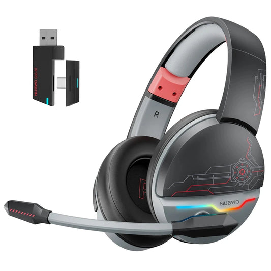Casque de jeu sans fil double NUBWO G08 avec micro, Bluetooth 5.3 sans fil 2,4 GHz, haut-parleurs 50 mm, éclairage RGB léger pour PS5, PS4