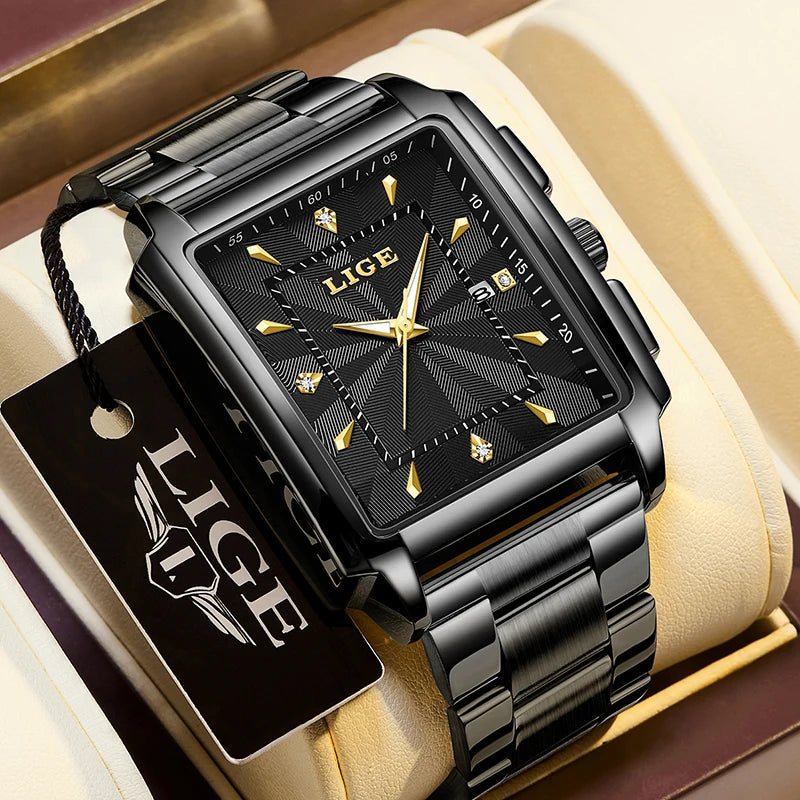 Reloj para hombre LIGE: estilo militar y moderno, caja cuadrada, cronógrafo de cuarzo, resistente al agua, marca de lujo