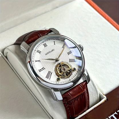 Automatikus mechanikus férfi karóra – Elegáns, áttört kialakítás, divatos „business casual” stílus, ötvözetből készült tok és bőr karkötő, elem nélkül