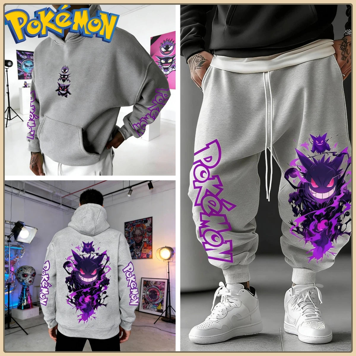 Black Hoodie and Pants Set with Pokemon Character Print Sleeve and Side Text Streetwear Anime Tracksuit for Men Unisex Casual