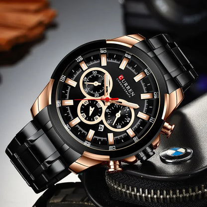 CURREN men’s chronograph watch, large 48 mm dial, stainless steel bracelet, three sub-dials, quartz sports wristwatch, luxurious style