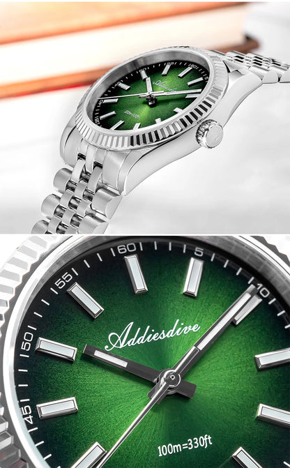 Relógio masculino novo ADDIESDIVE AD2073, vidro de safira, 36mm, VH31, quartz, efeito sunburst, 10Bar, impermeável para mergulho, luminoso