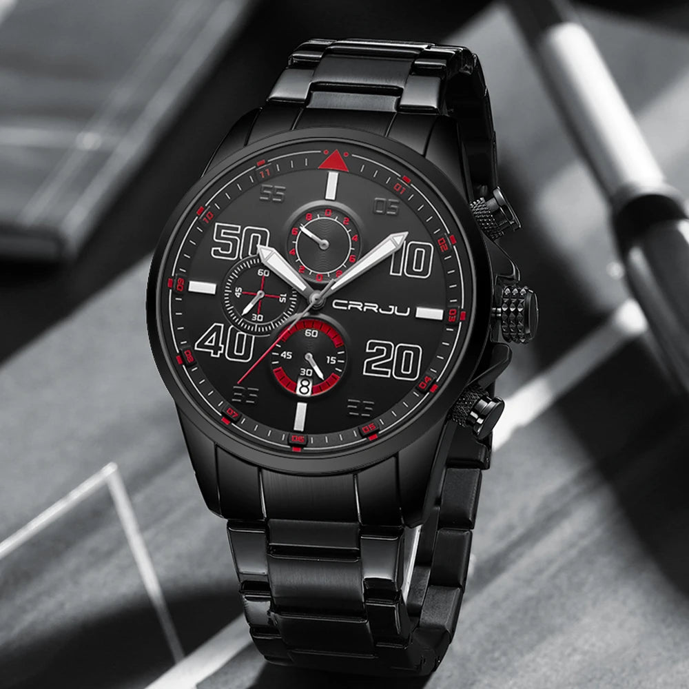 Montre pour homme CRRJU – Chronographe de luxe, grand cadran, acier inoxydable, étanche, avec affichage de la date