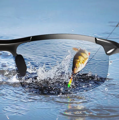 KLASSNUM Men Fashion Cycling Rimless Sunglasses Photochromic Polarized Shades Color Changing Fishing Car Driving Yellow Glasses