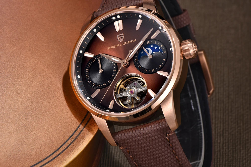 PAGANI DESIGN – Orologio meccanico di lusso da uomo, 41 mm, vetro zaffiro, cinturino in pelle, impermeabile, stile pilota, con tourbillon e fasi lunari