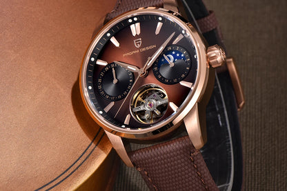 PAGANI DESIGN – Orologio meccanico di lusso da uomo, 41 mm, vetro zaffiro, cinturino in pelle, impermeabile, stile pilota, con tourbillon e fasi lunari