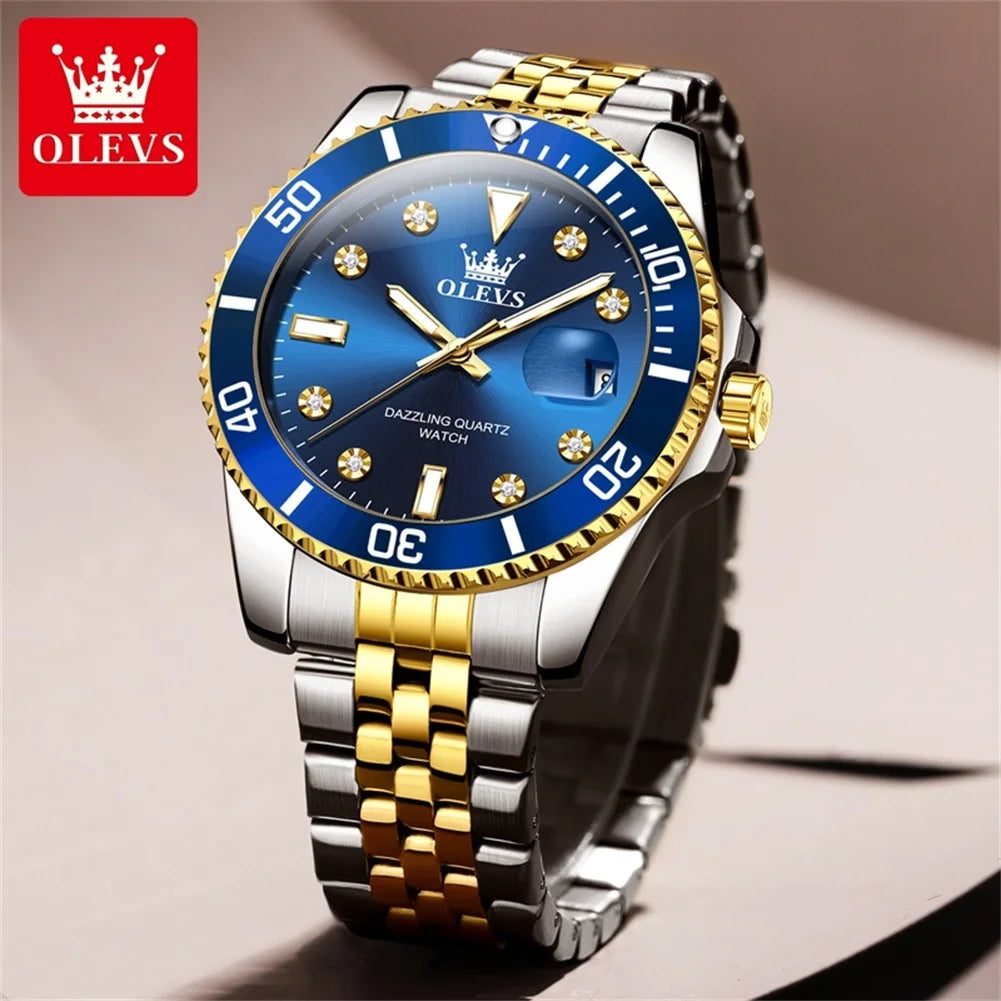 OLEVS herenhorloge – Luxe horloge, professionele stijl, waterdicht, met datumweergave, lichtgevende wijzers, roestvrijstalen kast en blauwe wijzerplaat – Kwartshorloge