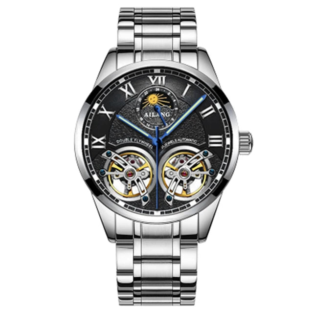 AILANG Double Tourbillon Design Business Men Mechanical Watch Fashion Leather Moon Phase Automatic Watches for Mens Reloj Hombre