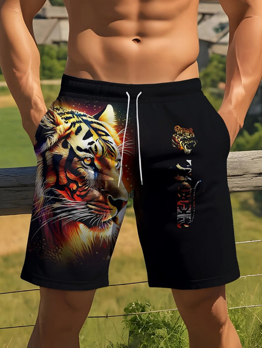 Men Beach Shorts Casual Animal 3D Print Tiger Graphics Drawstring Summer Running Shorts Loose Quick-Dry Sportswear Men Clothes