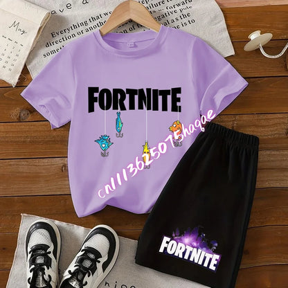 Completo estivo Fortnite con T-shirt e shorts per bambini e bambine, set 2 pezzi, abbigliamento bambino con top, T-shirt e pantaloncini, stampa Fortress Night, idea regalo