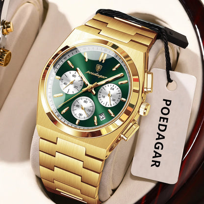 POEDAGAR herenhorloge – Luxe chronograaf van roestvrij staal, met datum, waterdicht en lichtgevend – Sportief quartz-polshorloge