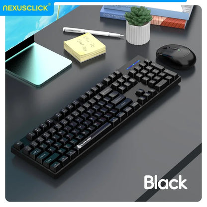 NexusClick kabelloses Gaming- und Office-Tastatur-Maus-Set, intelligente Energiesparfunktion, Full Size, 104 Tasten, 1600DPI einstellbar, USB für Laptop und PC
