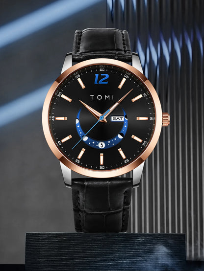 Montre à quartz TOMI, style business et élégant, avec bracelet en cuir, boîtier en alliage et cadran à aiguilles – Design haut de gamme, idée cadeau pour homme