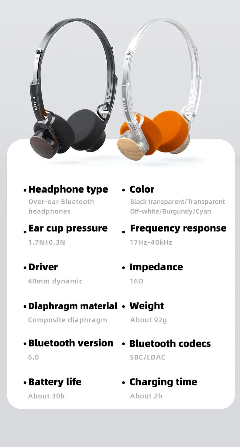 Cuffie Bluetooth on-ear FIIO EH11 – Headset wireless Hi-Res LDAC con bassi potenti, batteria 30H, connessione a doppio dispositivo e design rétro leggero