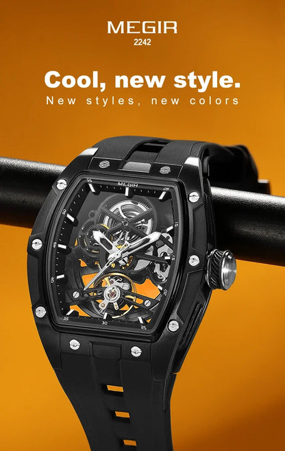 MEGIR MG-2242G Men’s Automatic Mechanical Watch  Skeleton Barrel Case, Luminous Hands & Silicone Strap