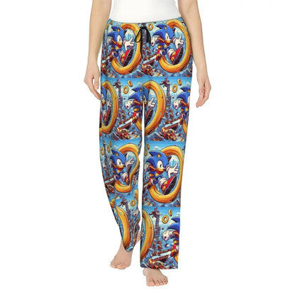 Custom Printed Womens Soniced Pajama Pants Hedgehog Game Sleepwear Sleep Lounge Bottoms with Pockets