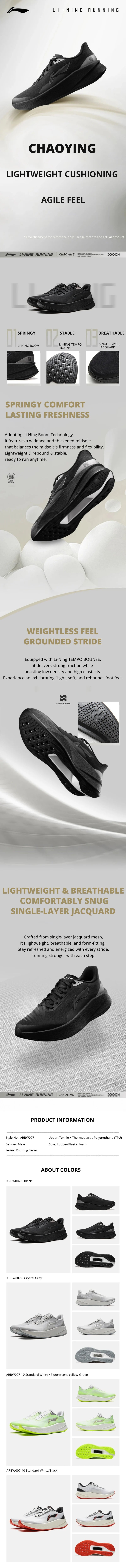 Li-Ning Men's CHAOYING Cushion Running Shoes BOOM Lightweight Springy TEMPO BOUNCE Soft Li-Ning Comfortable Sneakers ARBW007