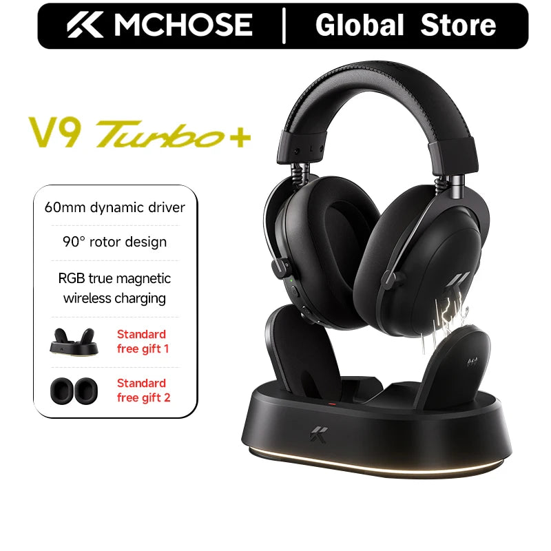 Cuffie gaming wireless MCHOSE V9 Turbo 7.1 Surround Sound RGB Esports con driver da 60mm, microfono con cancellazione del rumore e base di ricarica