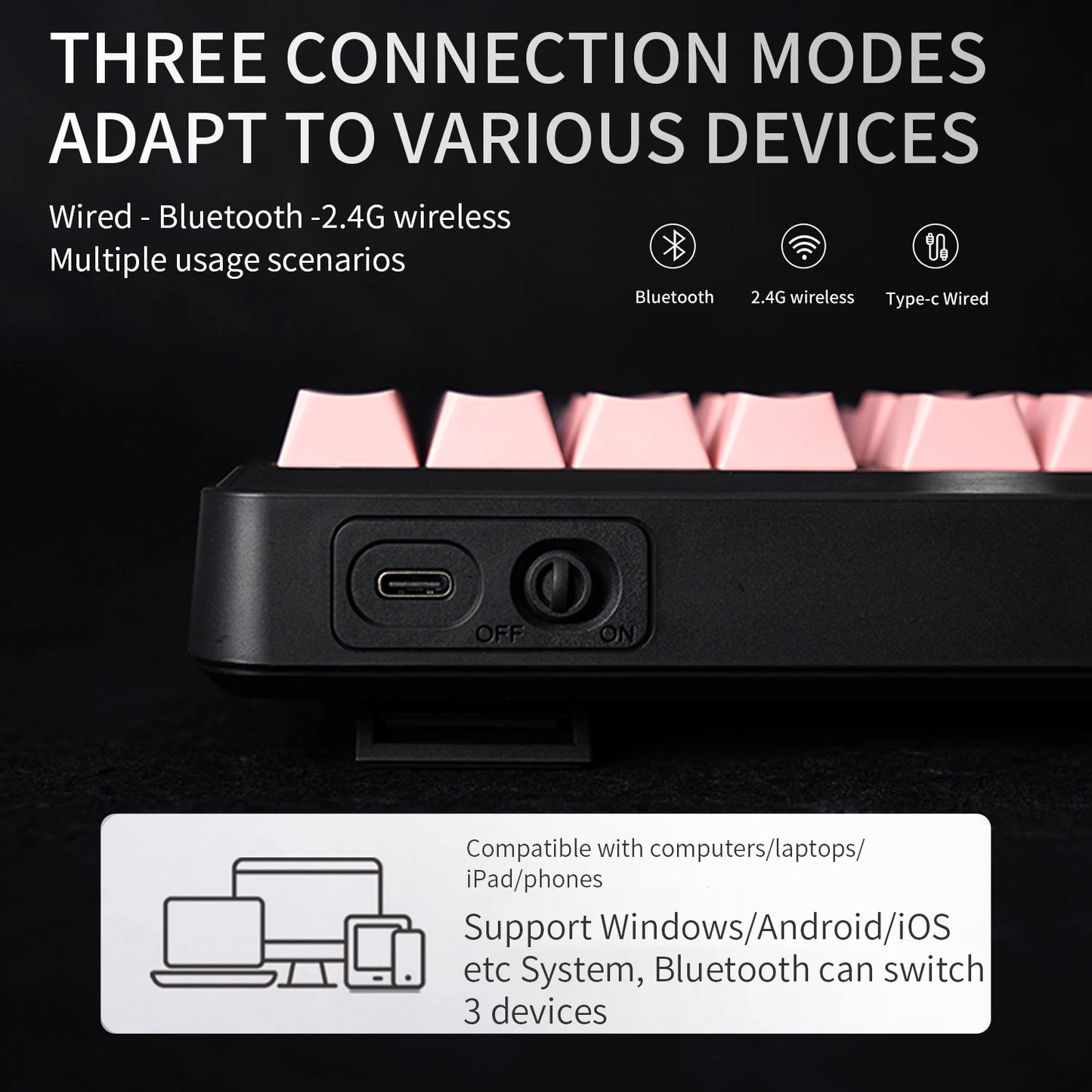 V108 Pro Bluetooth-Tastatur Büro, geräuscharm, 2.4G kabelgebunden & kabellos, vollständiges Layout mit RGB-beleuchteter Membran