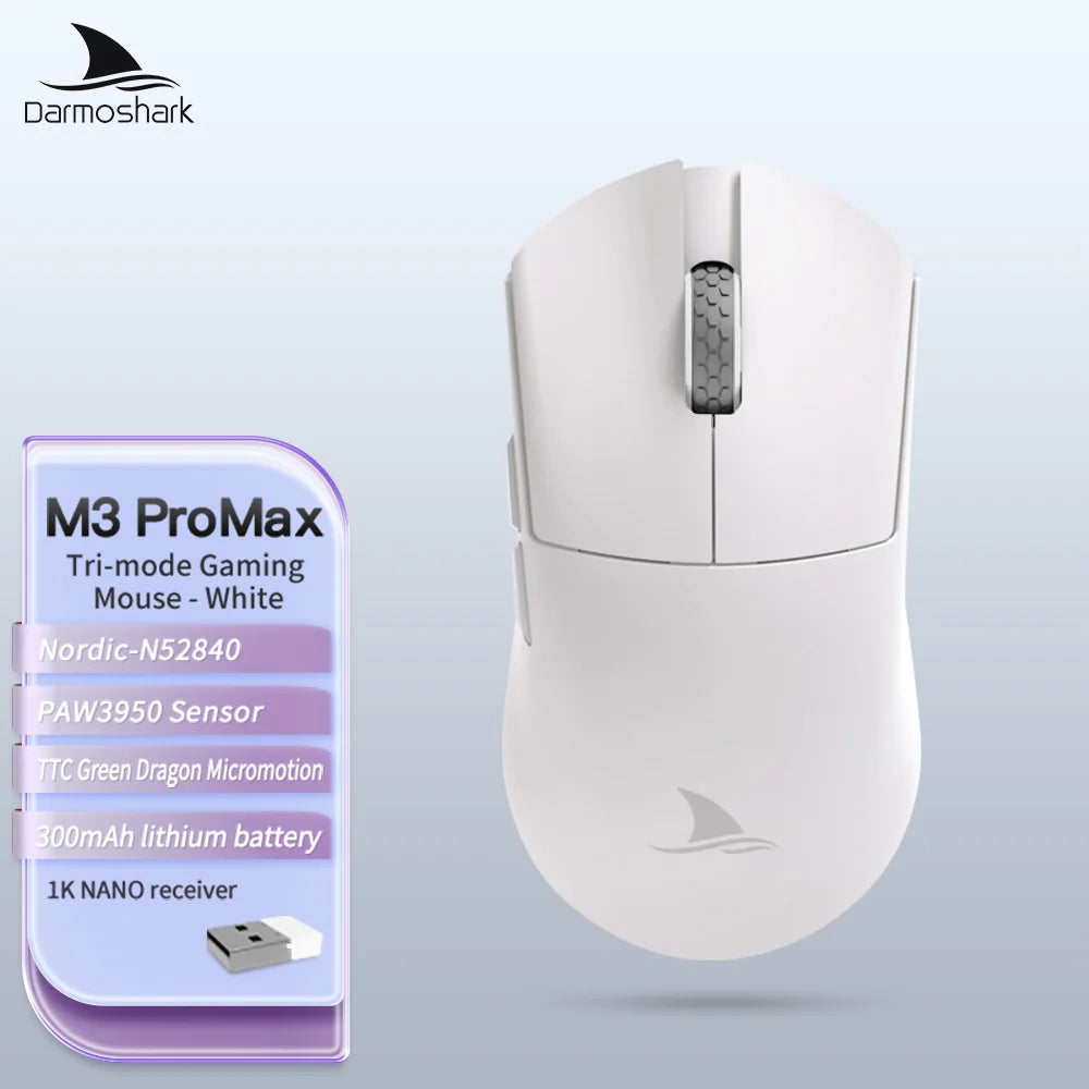 Rato Gaming Darmoshark M3Pro 2.4G BT sem fios Tri-Mode, sensor PAW3395, N52840, 26000DPI, rato com driver macro para mãos grandes e gaming