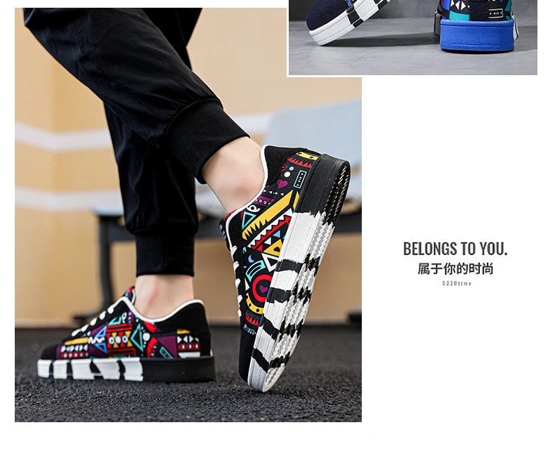 YRZL Men's Sports Running Shoes Canvas Geometric Style Lace-Up Sneakers Couples' Fashionable Graffiti Print Skate Shoes