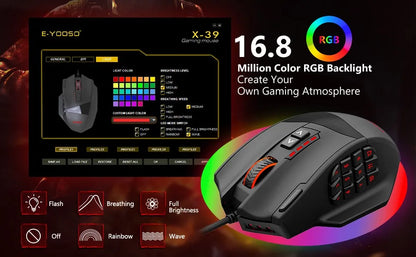 E-YOOSO X-39 Programmable Gaming Mouse, Wired RGB Mouse with 18 Buttons, 8 Removable Weights, 5 DPI, Ergonomic Grip for Computer
