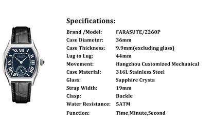FARASUTE 36mm Retro Hangzhou Customized Manual Mechanical Movement Wristwatches Sapphire 5Bar Waterproof Watch Men reloj hombre