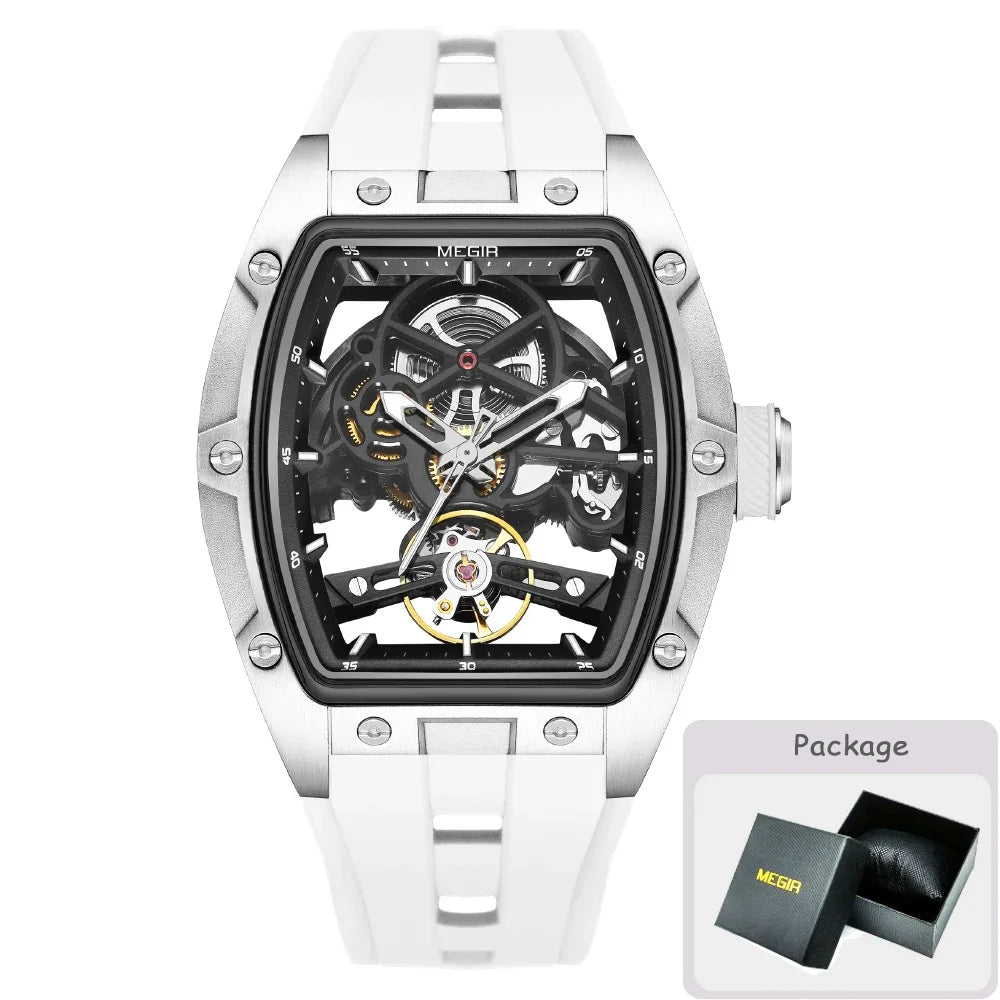 MEGIR MG-2242G Men’s Automatic Mechanical Watch  Skeleton Barrel Case, Luminous Hands & Silicone Strap