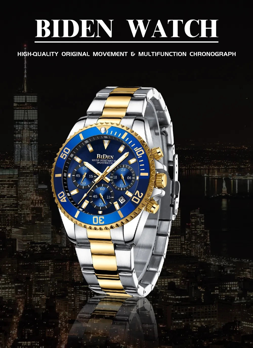 BIDEN Multi functional men's quartz watch luxury waterproof night light business style diving series casual fashion watch