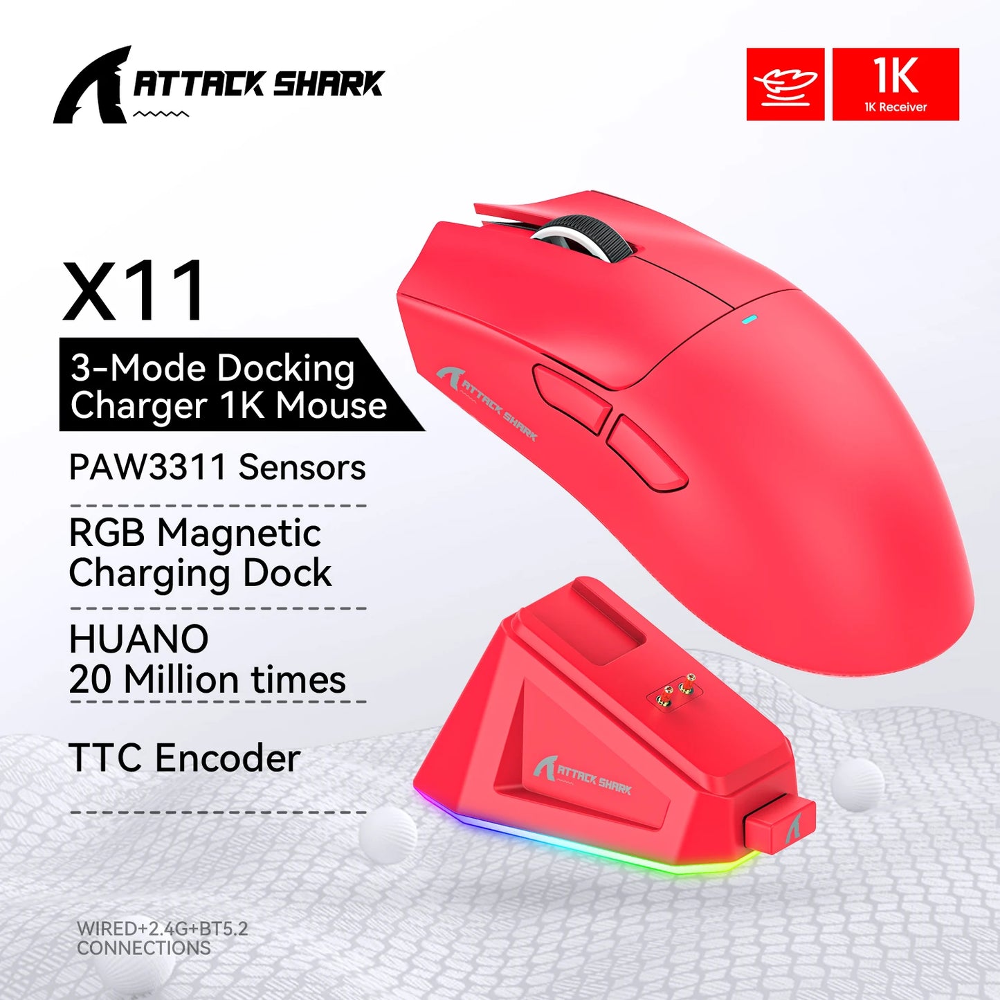 Attack Shark X11&R1 -kolmitilainen Bluetooth-langaton hiiri latausalustalla, RGB-valaistus, ergonominen ja kevyt PC-pelitarvike