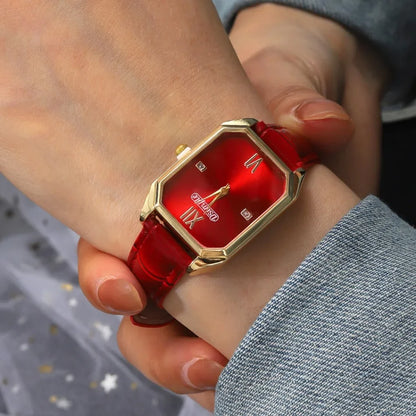 Luxury Women's Watches Elegant Womens Quartz Watch Analog Red PU Leather Designer Square Dial Wrist Watch Ideal Choice for Gifts