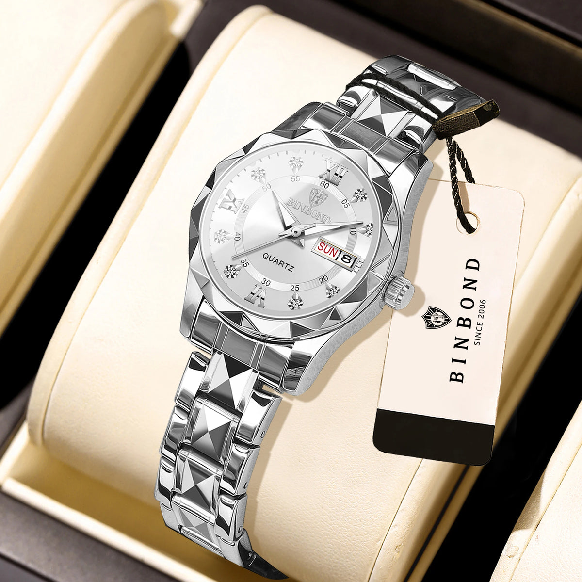 Montre pour femme BINBOND : montre à quartz robuste, luxueuse, luminescente et étanche, dotée d'un affichage précis de la date et du jour de la semaine.