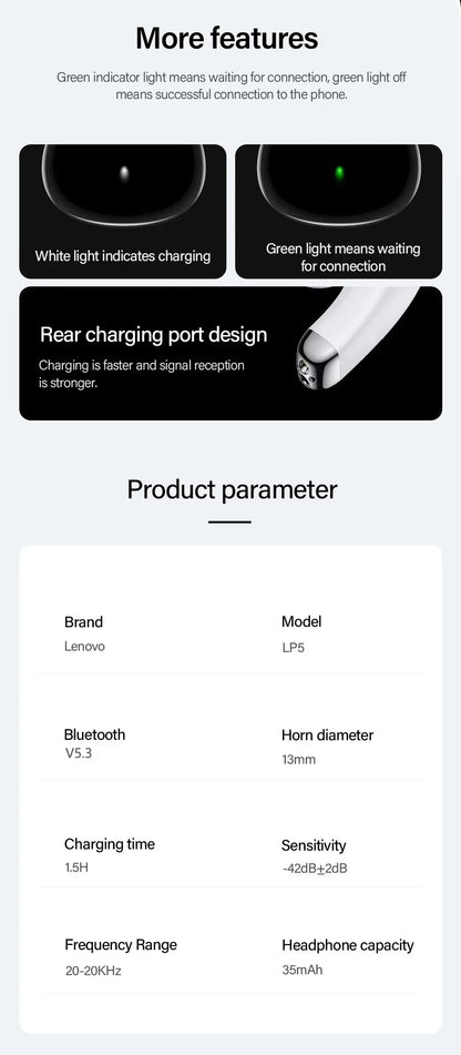 Lenovo LP5 Wireless Bluetooth Earbuds – Lenovo LP5 TWS Earbuds HiFi Stereo Sound, Lenovo LP5 Noise Cancelling Sports Waterproof Bluetooth 5.3 Earbuds with Mic, Lenovo LP5 Wireless Headphones