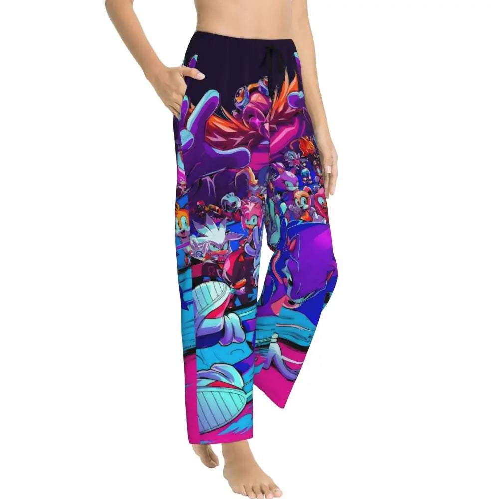 Custom Printed Womens Soniced Pajama Pants Hedgehog Game Sleepwear Sleep Lounge Bottoms with Pockets