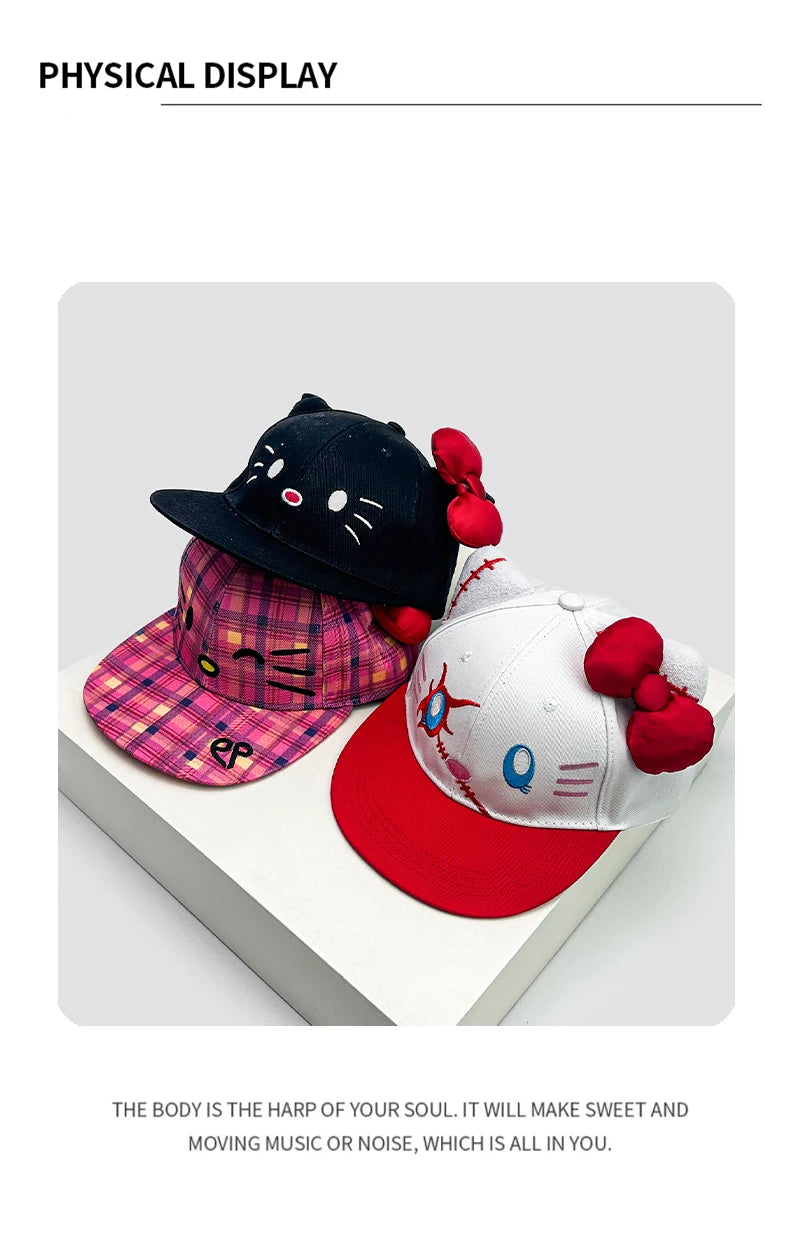 Breathable Cute Sunshade Flat Eave Peaked Caps Versatile ins Fashion Niche New Unisex Funny Kitty Embroidery Bow Baseball Hats