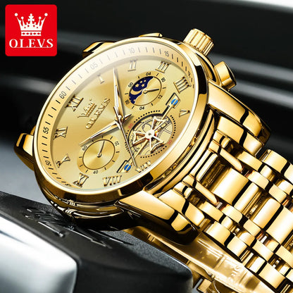 Reloj para hombre OLEVS 2859: modelo clásico y lujoso con números romanos, multifunción, resistente al agua, esfera luminiscente y mecanismo de cuarzo de alta calidad.