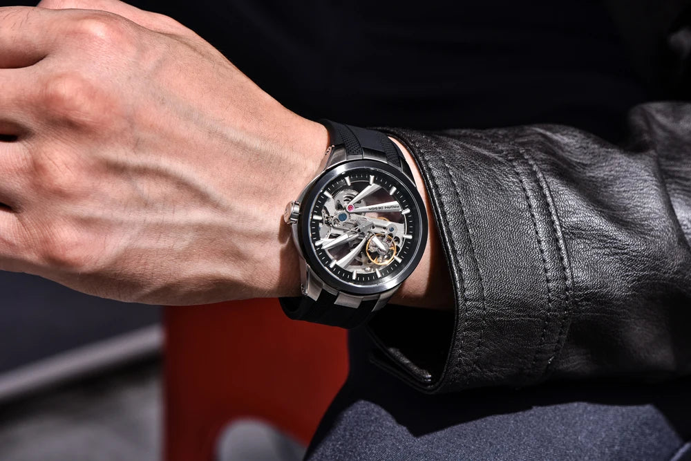 Pánske hodinky PAGANI DESIGN – Luxusný mechanický model s automatickým náťahom, priehľadný ciferník, zafírové sklo s antireflexnou úpravou, vodotesné, luminiscenčné ručičky – Tip na darček pre muža