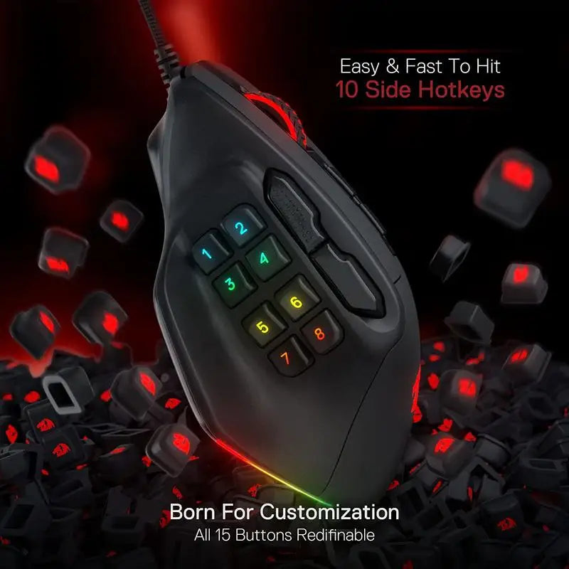 Геймърска MMO мишка Redragon M811 Aatrox, кабелна RGB мишка за геймъри с 15 програмируеми бутона и ергономичен дизайн за естествен захват