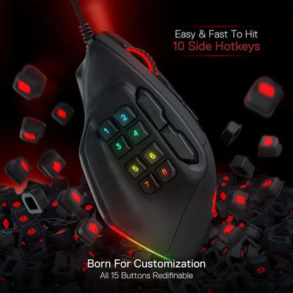 Redragon M811 Aatrox MMO žaidimų pelė, laidinė RGB žaidėjų pelė su 15 programuojamų mygtukų ir ergonomišku natūralaus suėmimo dizainu