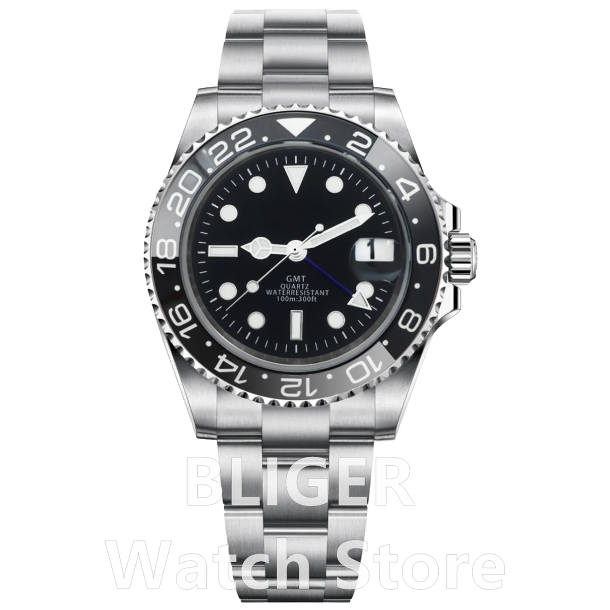 BLIGER 40mm 515 24H GMT Men's Watch Stainless Steel Clasp Luminous Quartz Movement Ceramic Bezel Sapphire Glass 10Bar Waterproof