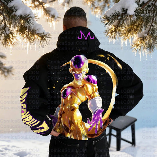Dragon Ball Z Frieza Black Hoodie Set Golden Form Back Print Purple Energy Effect Cotton Sweatshirt with M Logo Design