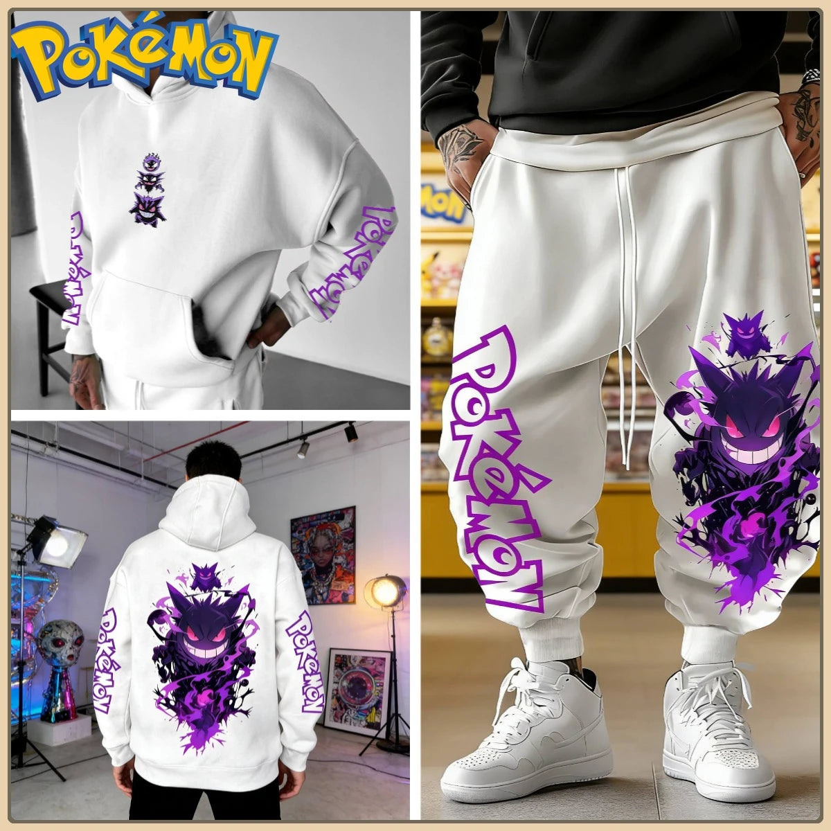 Black Hoodie and Pants Set with Pokemon Character Print Sleeve and Side Text Streetwear Anime Tracksuit for Men Unisex Casual