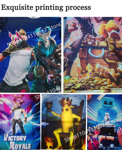T-shirt cartoon per ragazzi e ragazze Fortnite Battle Royale 3D, 3-14 anni, Victory Royale, top da gioco per bambini e adolescenti