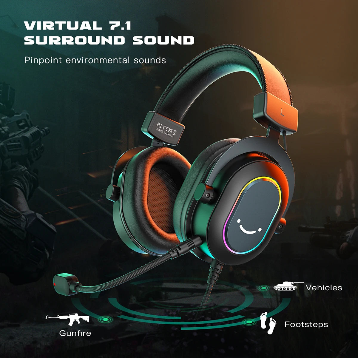 FIFINE RGB-Gaming-Headset mit Mikrofon – kabelgebundene USB-Over-Ear-Kopfhörer mit 7.1-Surround-Sound für PC, PS4, PS5, mit EQ-Modi & Geräuschisolierung
