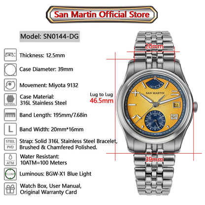 San Martin 39mm Miyota 9132 Power Reserve Display Men's Luxury Sport Watch Automatic Mechanical Waterproof Original Design SN0144