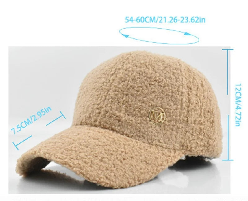 Winter Solid Color M-Label Lamb Wool Baseball Cap for Women, Outdoor Warm Casual Fashion Versatile Plush Duckbill Cap
