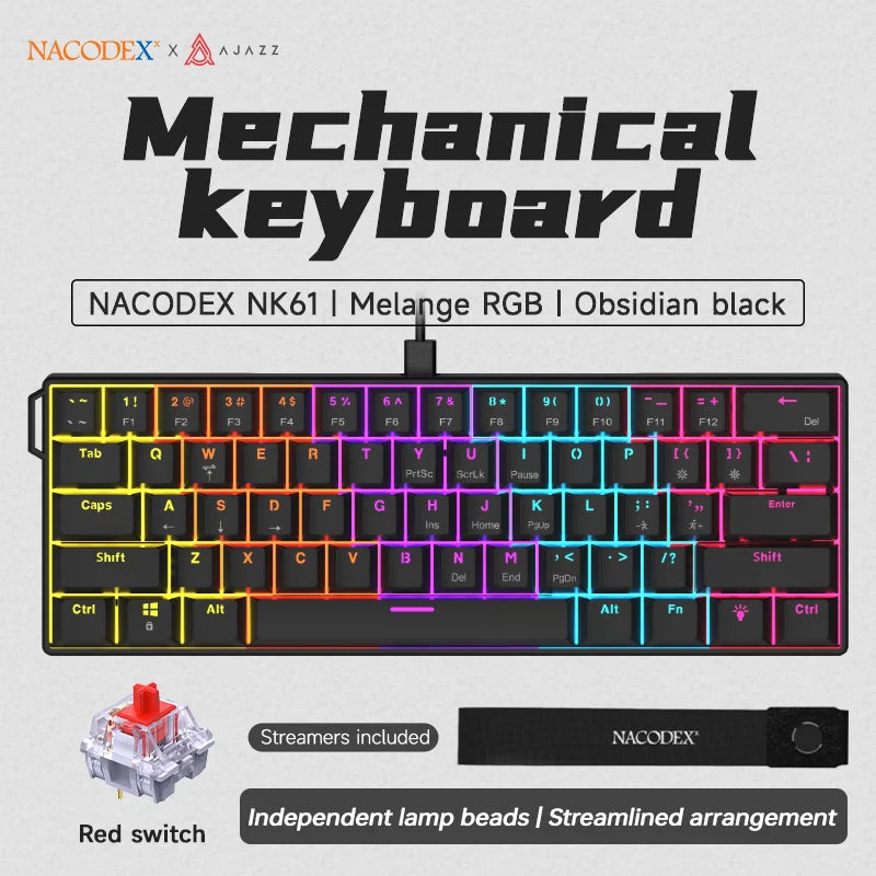 Ajazz NK61 Wired Mechanical Gaming Keyboard 61 Keys RGB Hot-Swap Mixed Color Red Switch Compatible with Win/Mac for Gamers